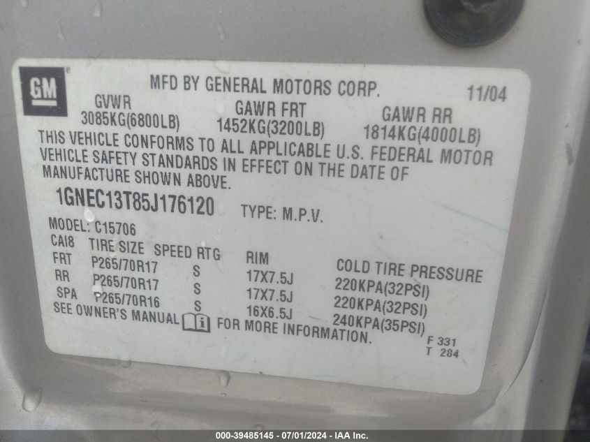 2005 Chevrolet Tahoe Lt VIN: 1GNEC13T85J176120 Lot: 39485145