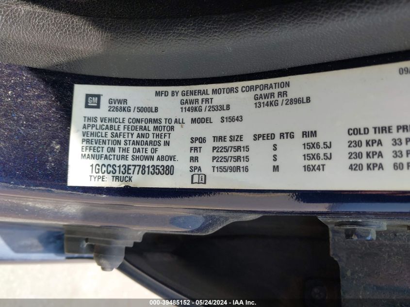 2007 Chevrolet Colorado Lt VIN: 1GCCS13E778135380 Lot: 39485152