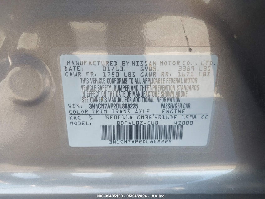 2013 Nissan Versa 1.6 Sv VIN: 3N1CN7AP2DL868225 Lot: 39485160