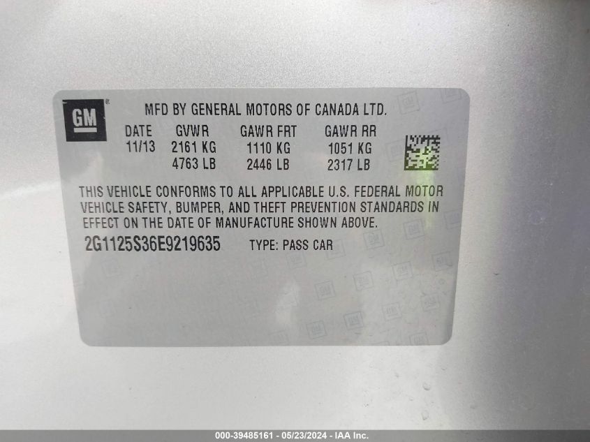 2014 Chevrolet Impala 2Lt VIN: 2G1125S36E9219635 Lot: 39485161