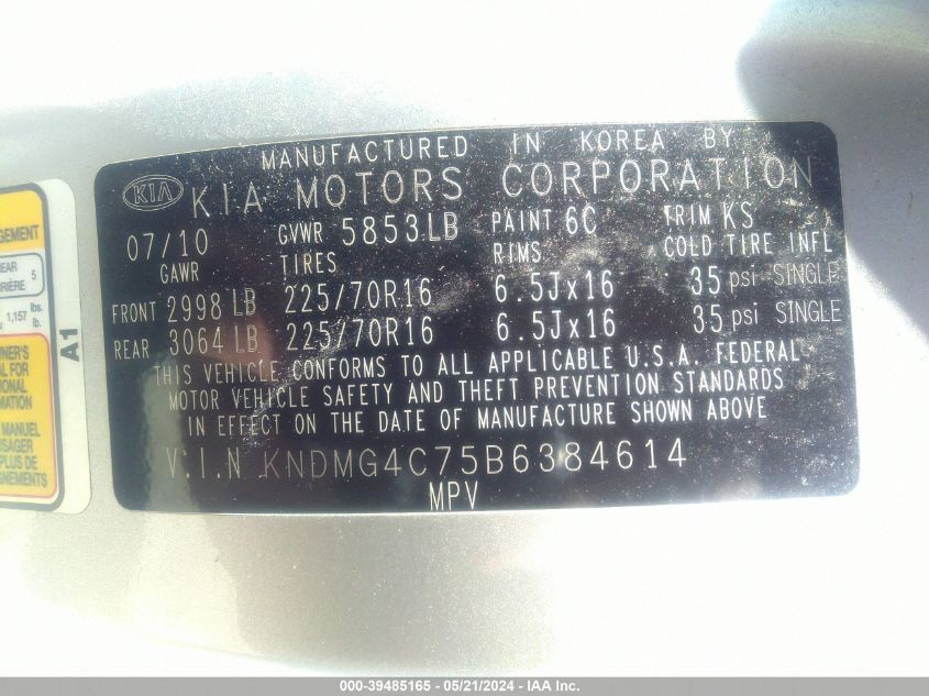 2011 Kia Sedona Lx VIN: KNDMG4C75B6384614 Lot: 39485165