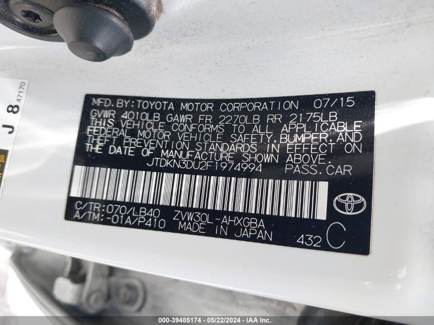 2015 Toyota Prius Four VIN: JTDKN3DU2F1974994 Lot: 39485174