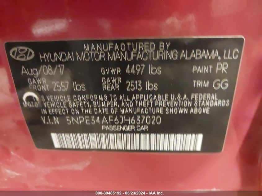 2018 Hyundai Sonata Sel VIN: 5NPE34AF6JH637020 Lot: 39485192