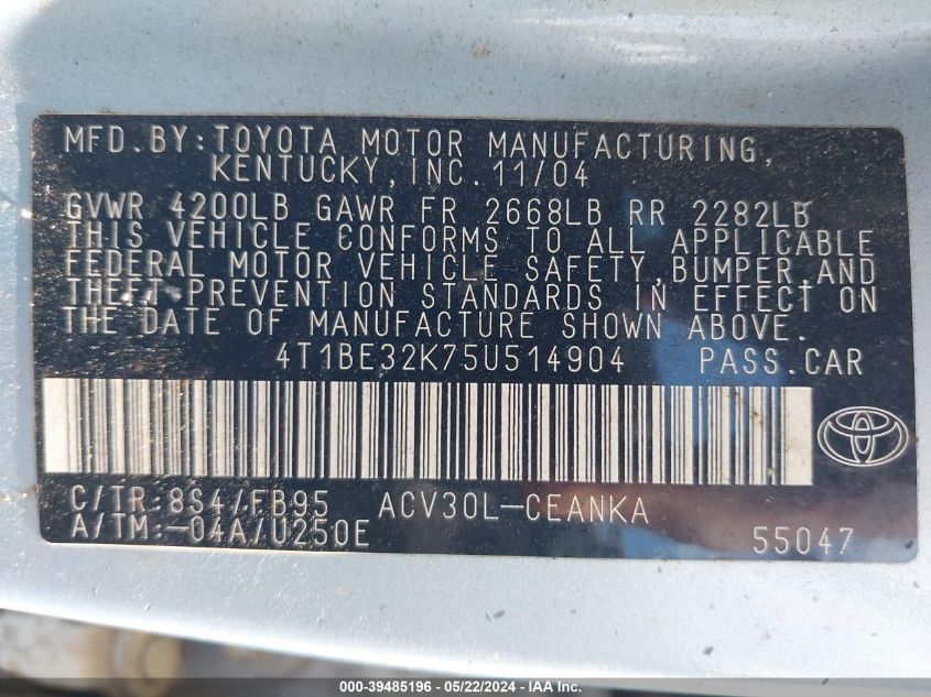 2005 Toyota Camry Le VIN: 4T1BE32K75U514904 Lot: 39485196