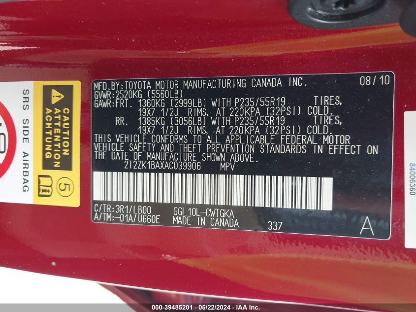 2010 Lexus Rx 350 VIN: 2T2ZK1BAXAC039906 Lot: 39485201