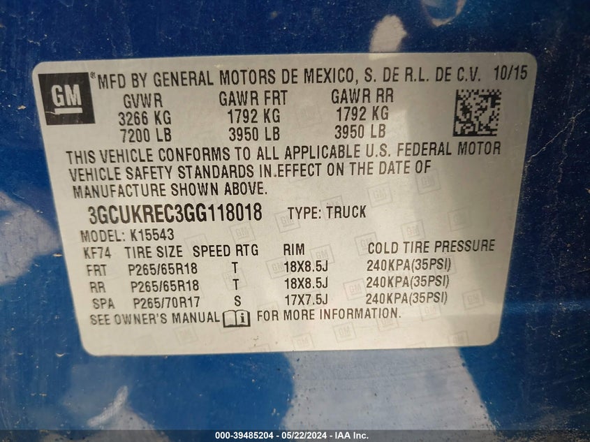 2016 Chevrolet Silverado 1500 2Lt VIN: 3GCUKREC3GG118018 Lot: 39485204