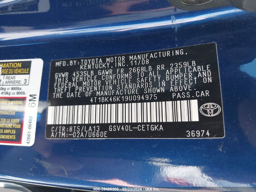 2009 Toyota Camry Xle V6 VIN: 4T1BK46K19U094975 Lot: 39485205