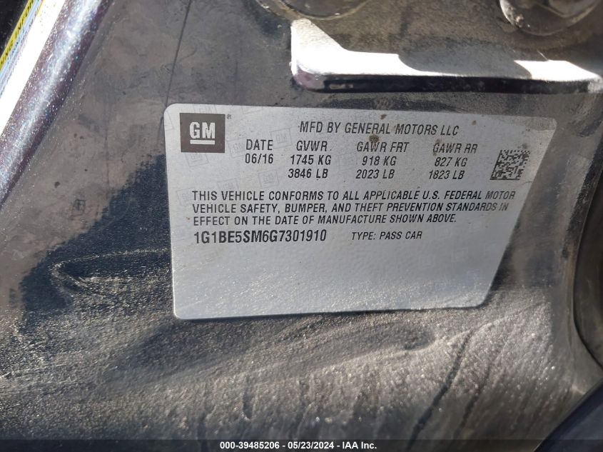 2016 Chevrolet Cruze Lt Auto VIN: 1G1BE5SM6G7301910 Lot: 39485206