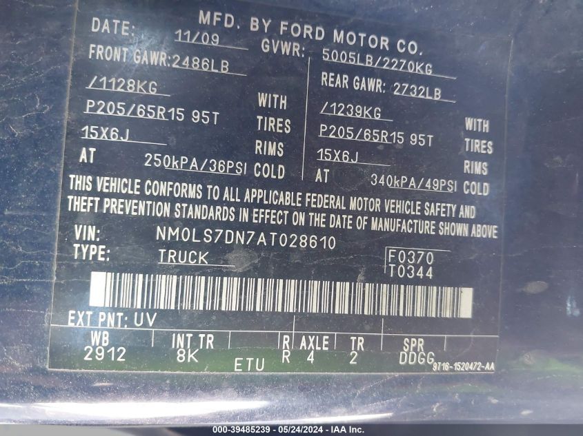 2010 Ford Transit Connect Xlt VIN: NM0LS7DN7AT028610 Lot: 39485239