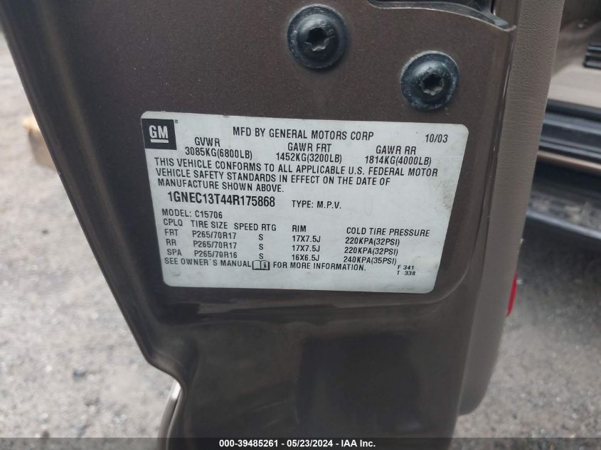 2004 Chevrolet Tahoe Lt VIN: 1GNEC13T44R175868 Lot: 39485261