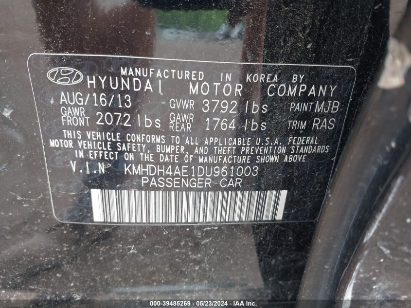 2013 Hyundai Elantra Gls VIN: KMHDH4AE1DU961003 Lot: 39485269