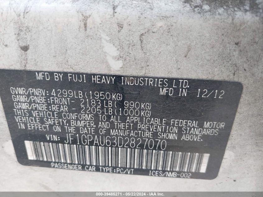 2013 Subaru Impreza 2.0I Sport Limited VIN: JF1GPAU63D2827070 Lot: 39485271