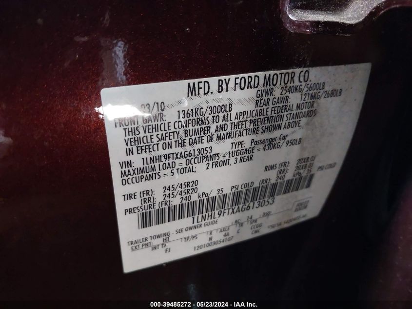 2010 Lincoln Mks Ecoboost VIN: 1LNHL9FTXAG613053 Lot: 39485272