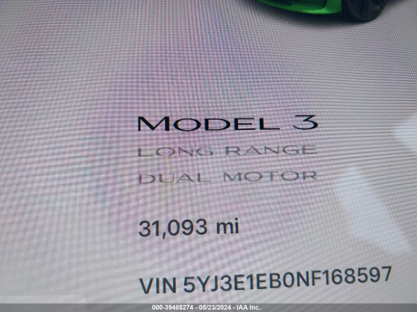 2022 Tesla Model 3 Long Range Dual Motor All-Wheel Drive VIN: 5YJ3E1EB0NF168597 Lot: 39485274