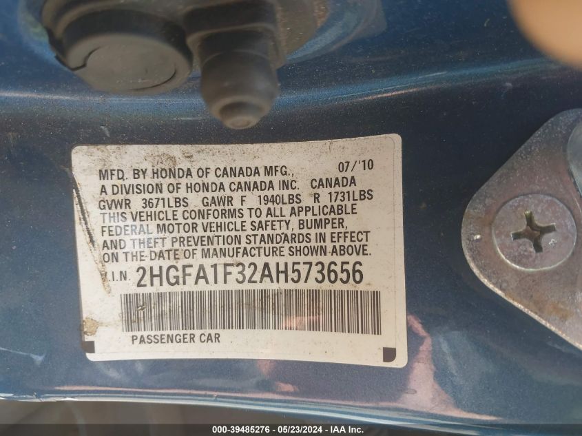 2010 Honda Civic Dx VIN: 2HGFA1F23AH573656 Lot: 39485276