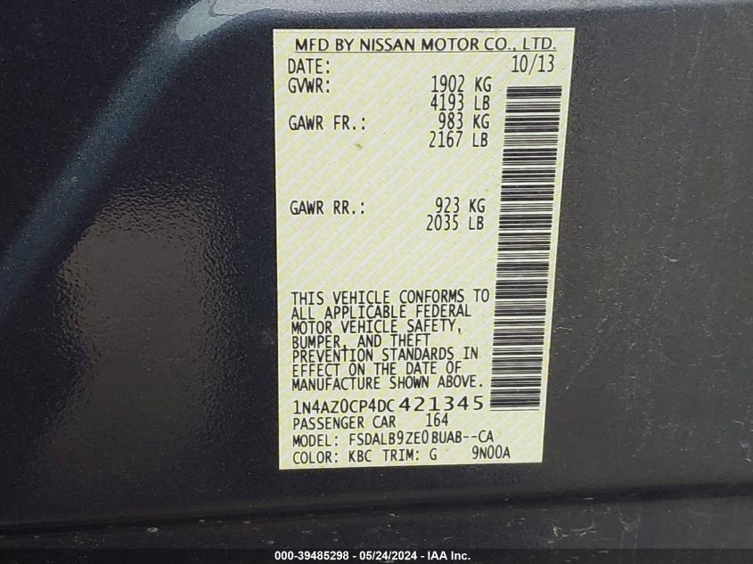 2013 Nissan Leaf S VIN: 1N4AZ0CP4DC421345 Lot: 39485298