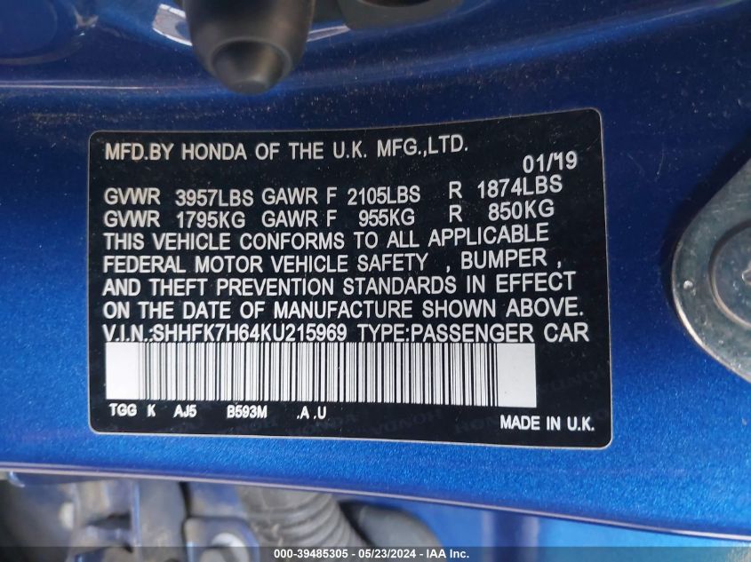 2019 Honda Civic Ex VIN: SHHFK7H64KU215969 Lot: 39485305
