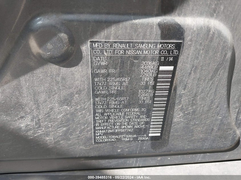 2015 Nissan Rogue S VIN: KNMAT2MT3FP517742 Lot: 39485316