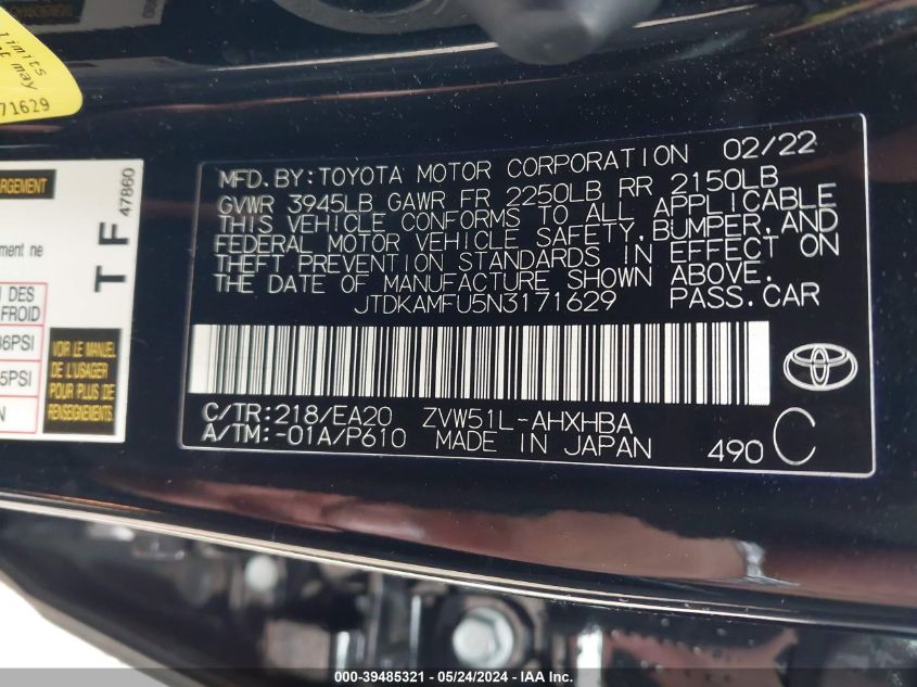 2022 Toyota Prius Xle VIN: JTDKAMFU5N3171629 Lot: 39485321