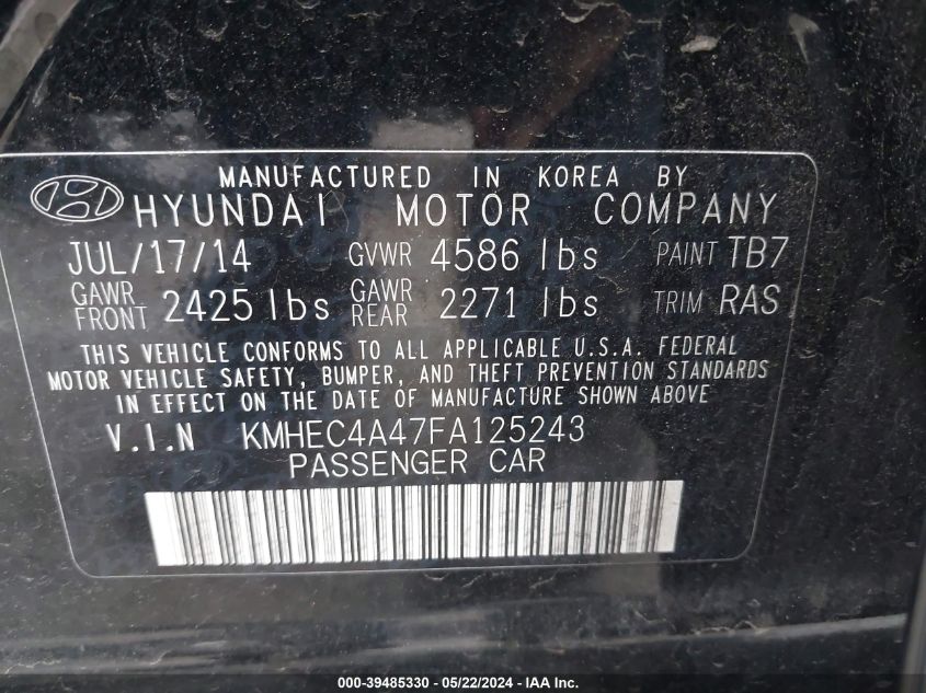 2015 Hyundai Sonata Hybrid Limited VIN: KMHEC4A47FA125243 Lot: 39485330