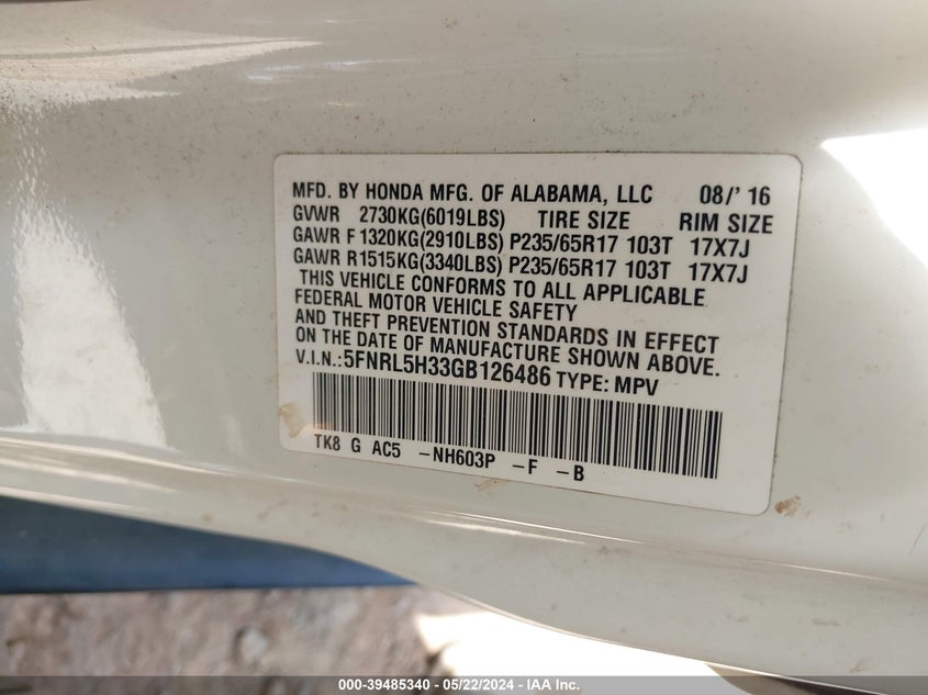 2016 Honda Odyssey Se VIN: 5FNRL5H33GB126486 Lot: 39485340