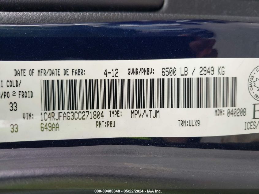 2012 Jeep Grand Cherokee Laredo VIN: 1C4RJFAG3CC271804 Lot: 39485348