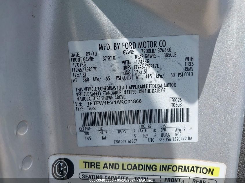 2010 Ford F-150 Fx4/Harley-Davidson/King Ranch/Lariat/Platinum/Xl/Xlt VIN: 1FTFW1EV1AKC01866 Lot: 39485355