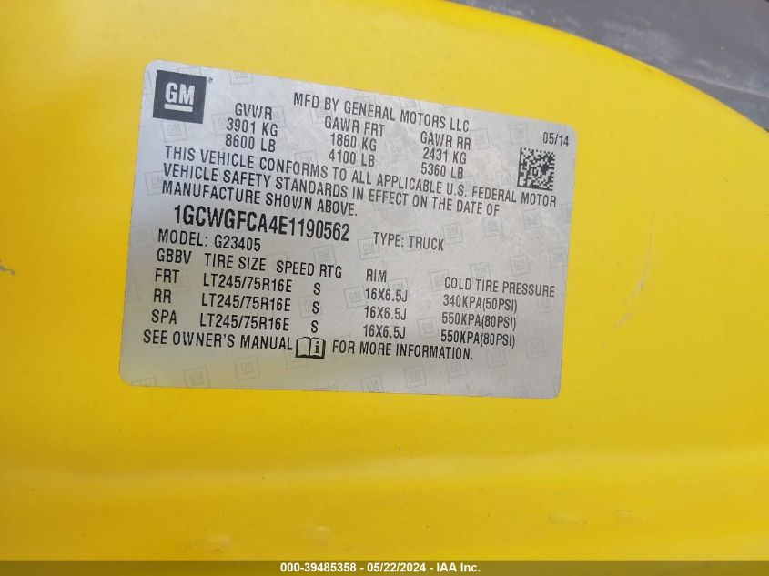 2014 Chevrolet Express 2500 Work Van VIN: 1GCWGFCA4E1190562 Lot: 39485358