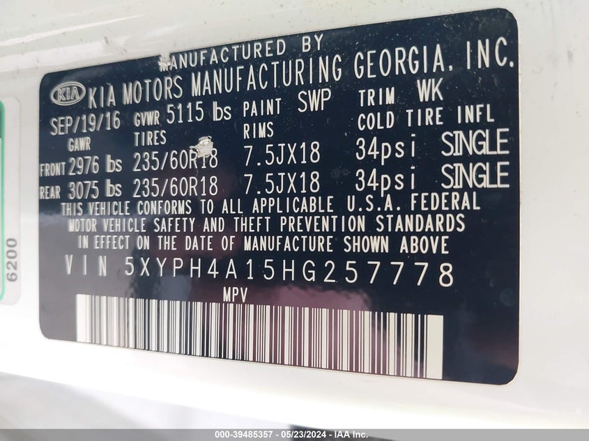 2017 Kia Sorento 2.0T Ex VIN: 5XYPH4A15HG257778 Lot: 39485357