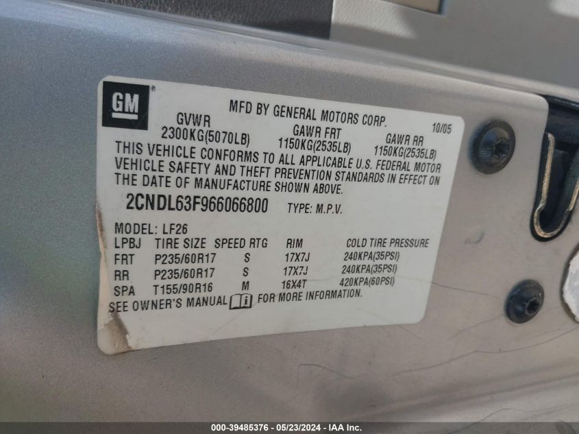 2006 Chevrolet Equinox Lt VIN: 2CNDL63F266134435 Lot: 39485376