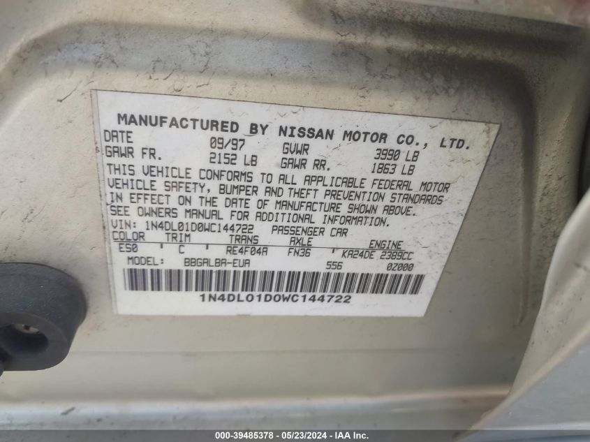 1998 Nissan Altima Gle/Gxe/Se/Xe VIN: 1N4DL01D0WC144722 Lot: 39485378