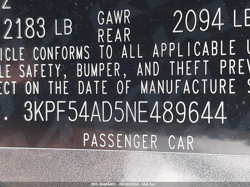 2022 Kia Forte Gt-Line VIN: 3KPF54AD5NE489644 Lot: 39485403