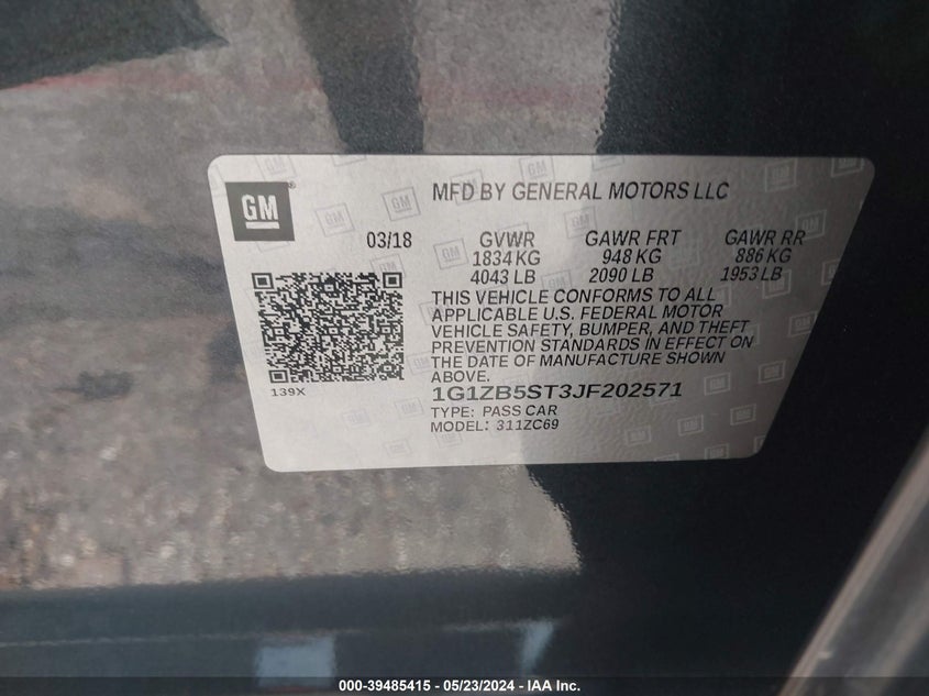 2018 Chevrolet Malibu 1Ls VIN: 1G1ZB5ST3JF202571 Lot: 39485415