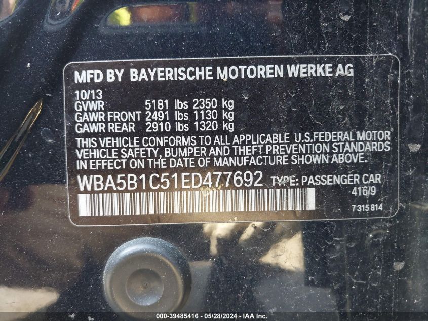 2014 BMW 535I VIN: WBA5B1C51ED477692 Lot: 39485416