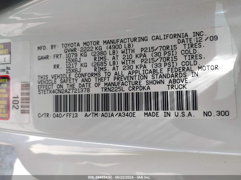 2010 Toyota Tacoma VIN: 5TETX4CN2AZ721378 Lot: 39485430