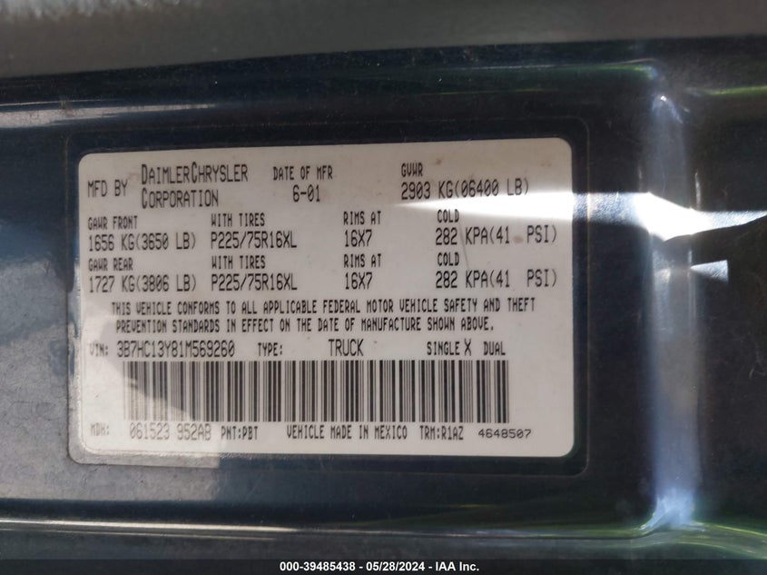 2001 Dodge Ram 1500 St VIN: 3B7HC13Y81M569260 Lot: 39485438