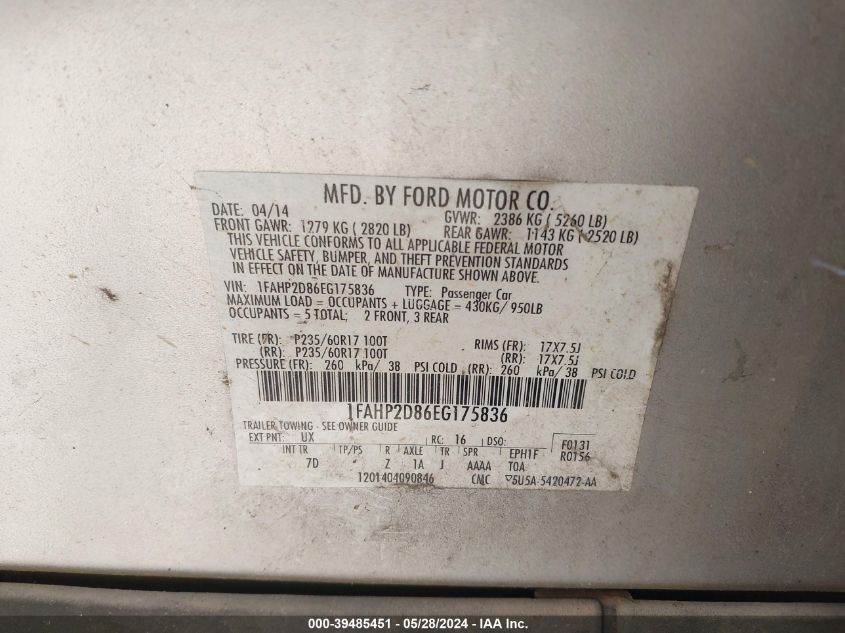 2014 Ford Taurus Se VIN: 1FAHP2D86EG175836 Lot: 39485451