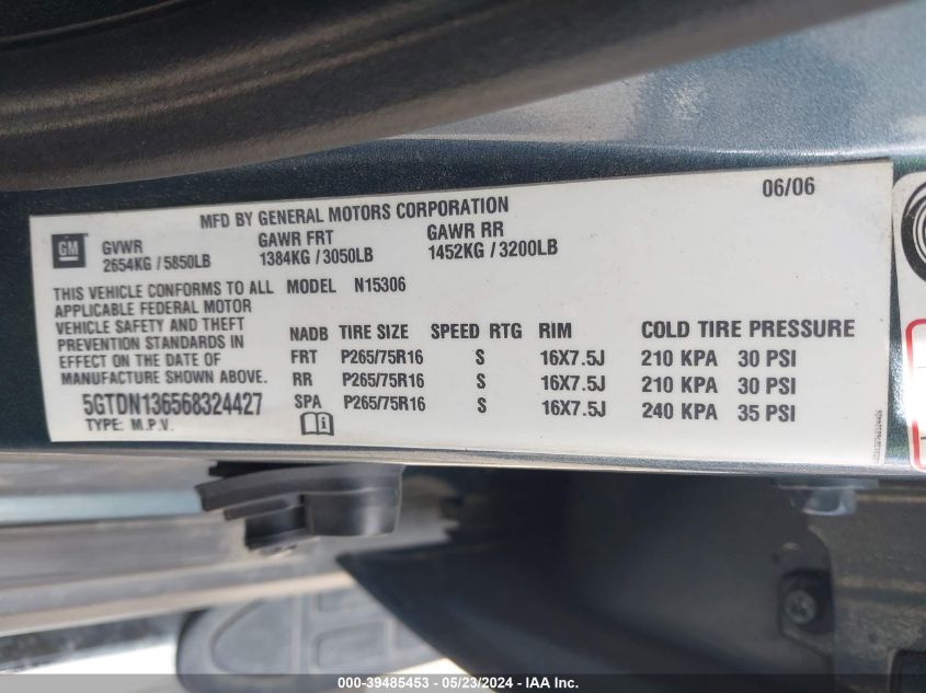 2006 Hummer H3 Suv VIN: 5GTDN136568324427 Lot: 39485453