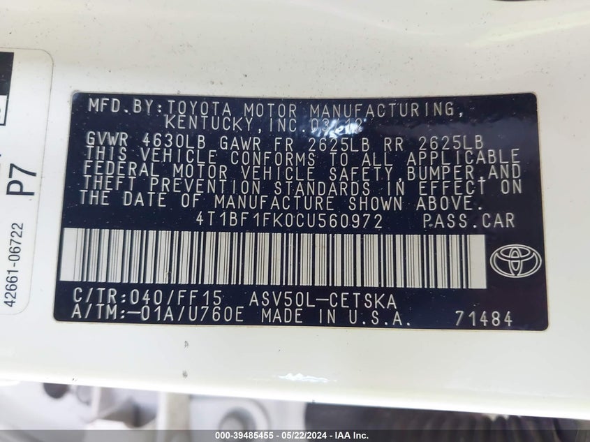 2012 Toyota Camry Se VIN: 4T1BF1FK0CU560972 Lot: 39485455