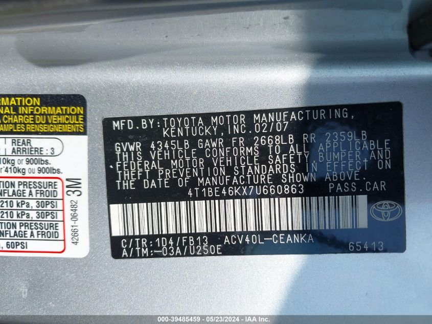 2007 Toyota Camry Le VIN: 4T1BE46KX7U660863 Lot: 39485459