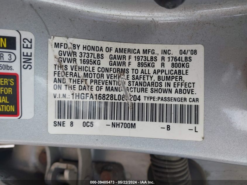 2008 Honda Civic Ex VIN: 1HGFA16828L085204 Lot: 39485473