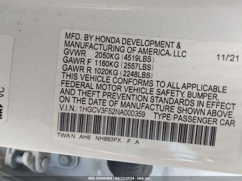 2022 Honda Accord Hybrid Ex-L VIN: 1HGCV3F52NA00035 Lot: 39485494