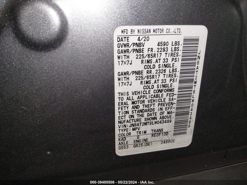 2020 NISSAN ROGUE S/SV - JN8AT2MT8LW043499