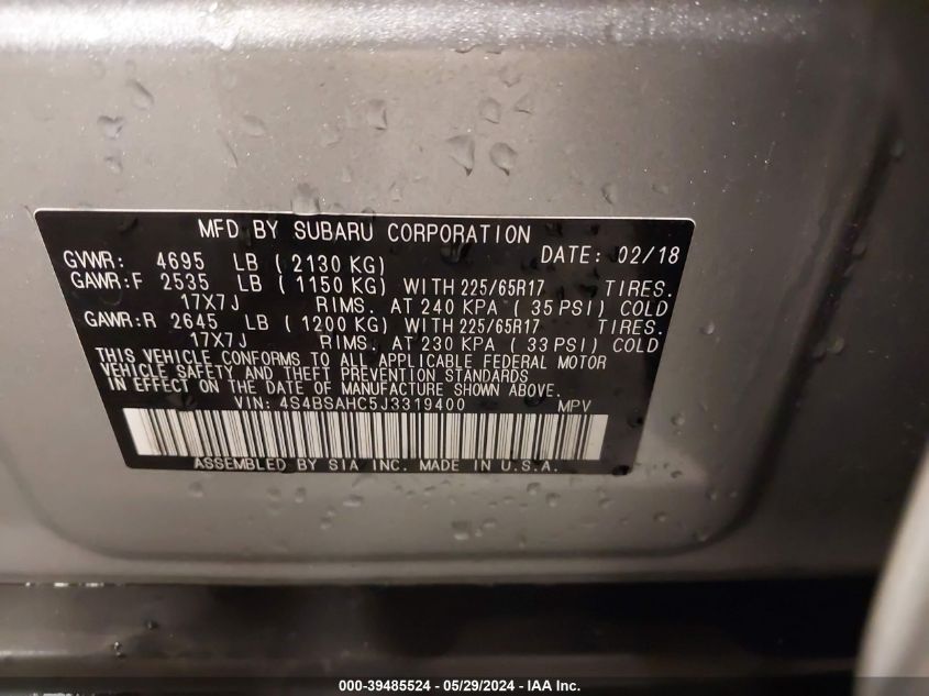 2018 Subaru Outback 2.5I Premium VIN: 4S4BSAHC5J3319400 Lot: 39485524