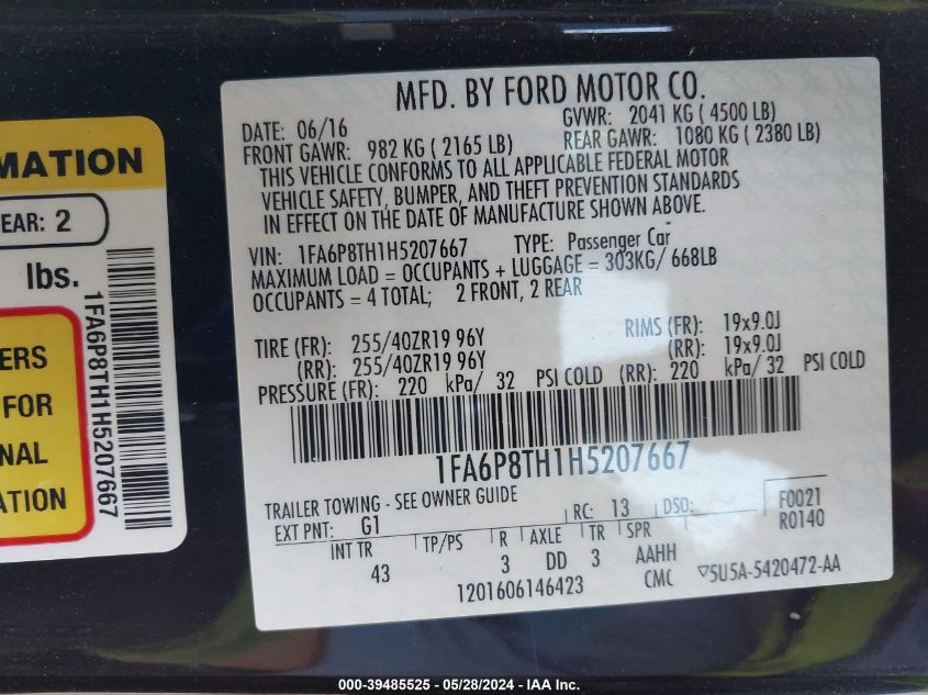 2017 Ford Mustang Ecoboost VIN: 1FA6P8TH1H5207667 Lot: 39485525