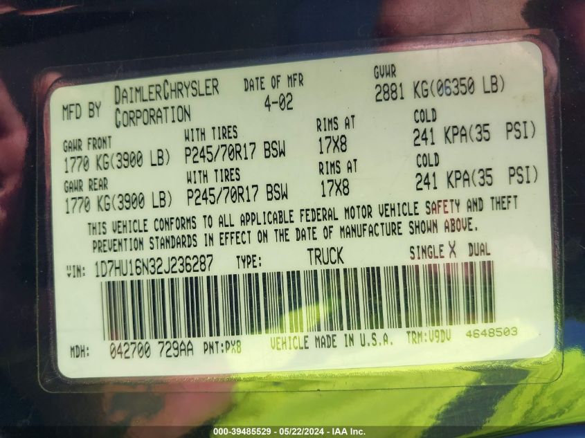 2002 Dodge Ram 1500 St VIN: 1D7HU16N32J236287 Lot: 39485529