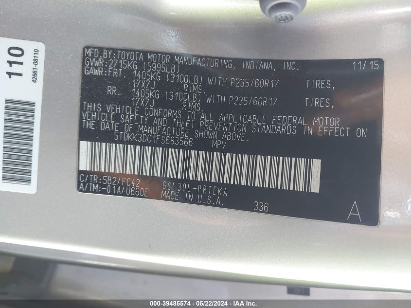 2015 Toyota Sienna Le 8 Passenger VIN: 5TDKK3DC1FS683566 Lot: 39485574