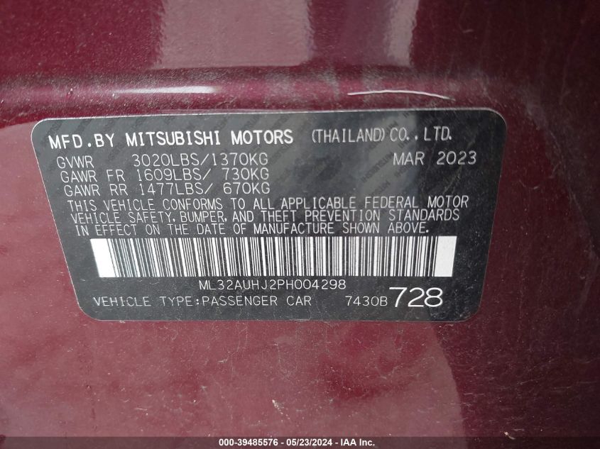 2023 Mitsubishi Mirage Es VIN: ML32AUHJ2PH004298 Lot: 39485576