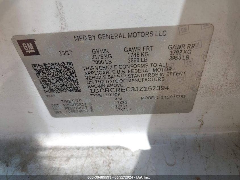 2018 Chevrolet Silverado 1500 1Lt VIN: 1GCRCREC3JZ157394 Lot: 39485593