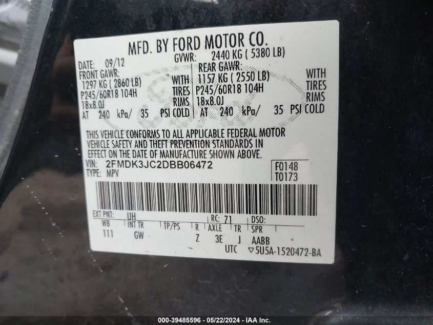 2013 Ford Edge Sel VIN: 2FMDK3JC2DBB06472 Lot: 39485596